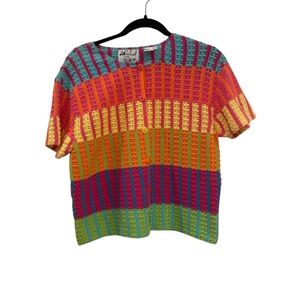 Michael Simon NY Rainbow Vintage Crochet Short Sleeve Button Closure Sweater